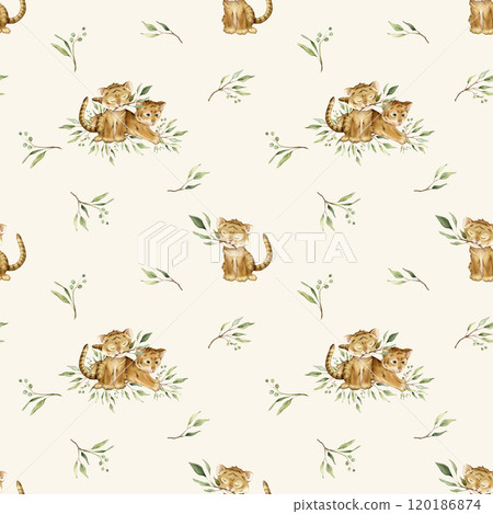 Seamless pattern with cute kawaii two tigers jumping and sitting with green branch eucalyptus. Watercolor hand drawn illustration african animal isolated. Cartoon kids print. 120186874