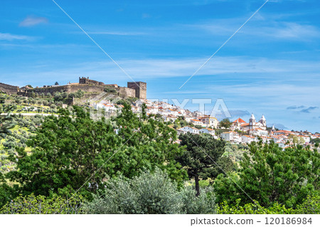 Panorama of Castelo de Vide rooftops seen from an outside viewpoint. Castelo de Vide in Alto Alentejo, Portugal. 120186984