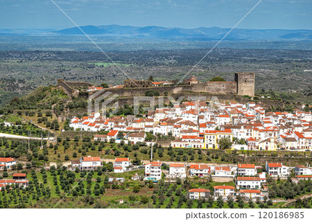 Panorama of Castelo de Vide rooftops seen from an outside viewpoint. Castelo de Vide in Alto Alentejo, Portugal. Panorama of Castelo de Vide rooftops seen from an outside viewpoint. Castelo de Vide in Alto Alentejo, Portugal. 120186985