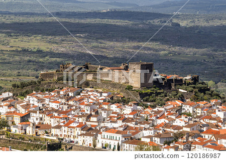 Panorama of Castelo de Vide rooftops seen from an outside viewpoint. Castelo de Vide in Alto Alentejo, Portugal. Panorama of Castelo de Vide rooftops seen from an outside viewpoint. Castelo de Vide in Alto Alentejo, Portugal. 120186987