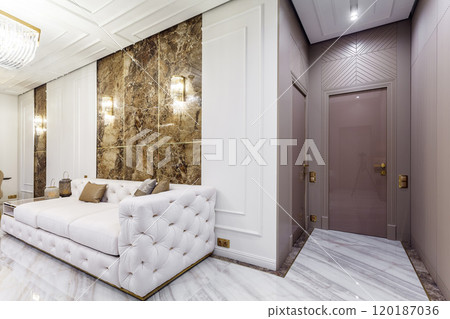 Living room in rich modern home with italian marble floor 120187036