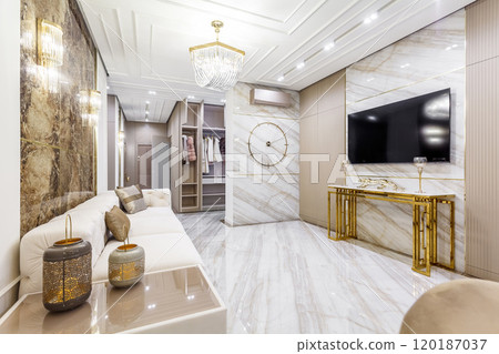 Living room in rich modern home with italian marble floor 120187037