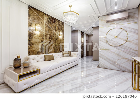 Living room in rich modern home with italian marble floor 120187040