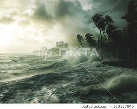 Powerful hurricane striking a coastal city 120187049