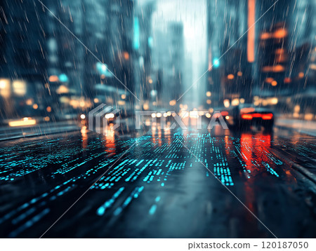 Futuristic city street at night in heavy rain 120187050