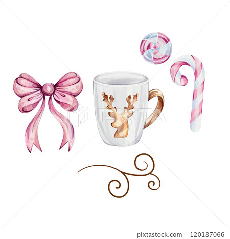 Watercolor Christmas clip art with bow, c white mug with gold reindeer, sweet candy cane. Xmas collection for design. Hand painted illustrations, isolated on white background Watercolor Christmas clip art with bow, c white mug with gold reindeer, sweet candy cane. Xmas collection for design. Hand painted illustrations, isolated on white background 120187066