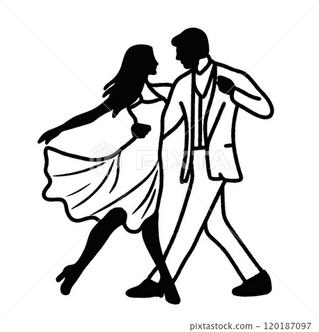 A man and a woman dancing silhouette, Hand drawn New Years Eve Celebration party graphic illustration isolated on white background color editable A man and a woman dancing silhouette, Hand drawn New Years Eve Celebration party graphic illustration isolated on white background color editable 120187097