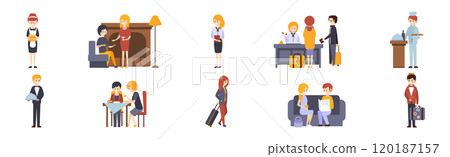 Hotel Staff and Guests Man and Woman Character Vector Set Hotel Staff and Guests Man and Woman Character Vector Set 120187157