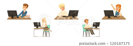 Boy and Girl at School Lesson Gain Subject Knowledge Vector Set Boy and Girl at School Lesson Gain Subject Knowledge Vector Set 120187175