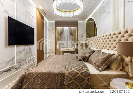 Luxury Interior Primary Bedroom Detail of Headboard and Bedding. 120187192