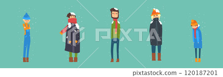 People Character Freezing Outside at Cold Snowy Weather Vector Set 120187201
