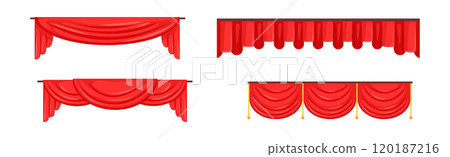 Luxury Scarlet Red Silk Curtains and Draperies Interior or Stage Decoration Vector Set 120187216