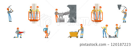 Man Miner Character in Uniform and Hard Hat Work Underground Vector Set 120187223