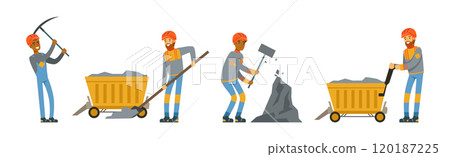 Man Miner Character in Uniform and Hard Hat Work Underground Vector Set 120187225
