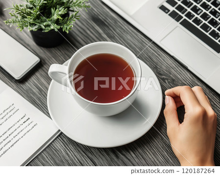 Cup of tea on a desk with a laptop 120187264