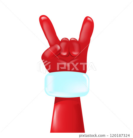 Santa Claus hand rock n roll gesture icon vector illustration isolated on white background. red Christmas Rock concert and party poster, banner, card design template. Cool Santa icon isolated 120187324