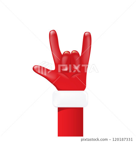 Santa Claus hand rock n roll gesture icon vector illustration isolated on white background. red Christmas Rock concert and party poster, banner, card design template. Cool Santa icon isolated Santa Claus hand rock n roll gesture icon vector illustration isolated on white background. red Christmas Rock concert and party poster, banner, card design template. Cool Santa icon isolated 120187331