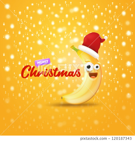Merry Christmas greeting card and banner with funny cartoon banana character wearing santa red hat isolated on orange background with lights. Funny and cute Christmas card with smiling Banana monster Merry Christmas greeting card and banner with funny cartoon banana character wearing santa red hat isolated on orange background with lights. Funny and cute Christmas card with smiling Banana monster 120187343