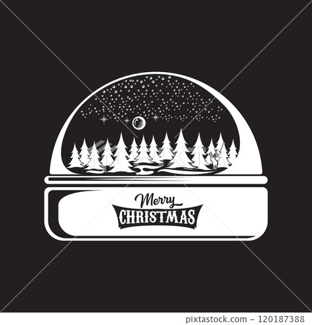 Vector christmas snowball or snow globe silhuette icon with xmas tree, sky, moon, deer and greeting merry christmas text isolated on black background. Vector christmas snowball or snow globe silhuette icon with xmas tree, sky, moon, deer and greeting merry christmas text isolated on black background. 120187388