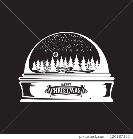 Vector christmas snowball or snow globe silhuette icon with xmas tree, sky, moon, deer and greeting merry christmas text isolated on black background. 120187391