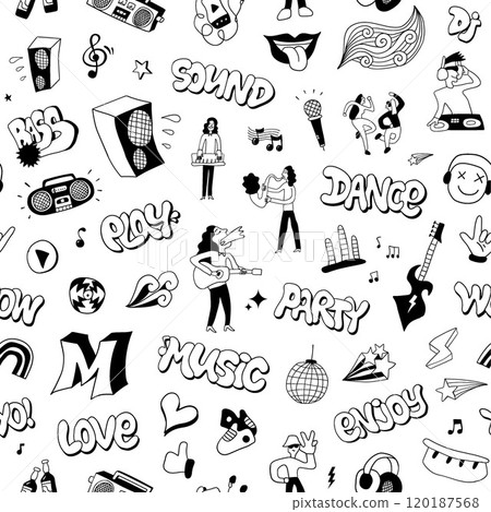 music party dance seamless vector background hand drawn sign and symbols 120187568