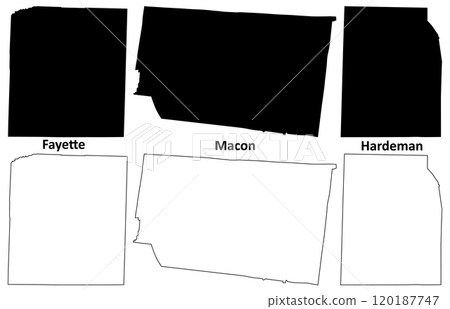 Hardeman, Fayette and Macon County, State of Tennessee (U.S. county, United States of America, USA, U.S., US) map vector illustration, scribble sketch map 120187747