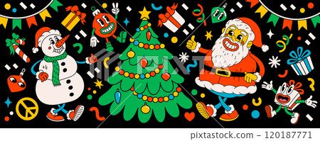 Retro style Christmas cartoon characters. Groovy vintage 70s funny Santa Claus, ball, snowman, gift and Christmas tree 120187771