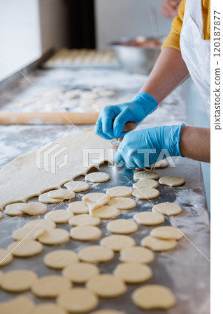 Preparing dough circles for traditional dumplings, showcasing handmade culinary craftsmanship Preparing dough circles for traditional dumplings, showcasing handmade culinary craftsmanship 120187877