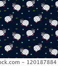 Seamless background with cute sheep on dark background. Pattern for baby. Design for prints, fabric, textile, wallpaper, wrapping paper, pajama. 120187884