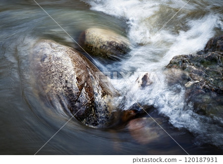 the water of the river flows around the stones the water of the river flows around the stones 120187931