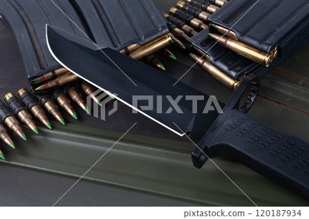 Bayonet and ammunition belt with cartridges on ammo boxes 120187934