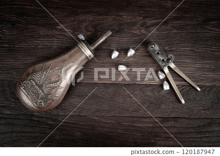old west bullet mold with bullets and powder flask 120187947