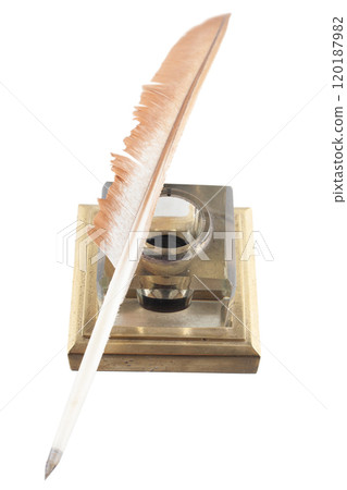 vintage feather quill with glass inkwell 120187982