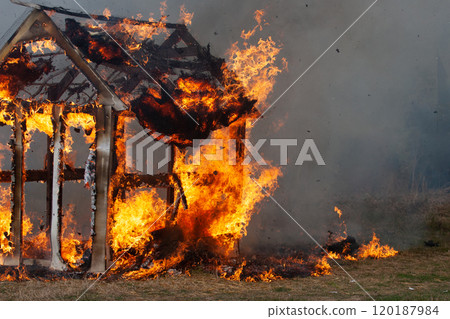 burning fire in a small wooden house in the village burning fire in a small wooden house in the village 120187984