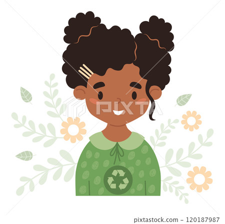Cute happy black ethnic girl child in fashionable clothes made from recycled green material. Eco friendly clothing and ecology. Recycle and environmental care. Vector illustration Cute happy black ethnic girl child in fashionable clothes made from recycled green material. Eco friendly clothing and ecology. Recycle and environmental care. Vector illustration 120187987