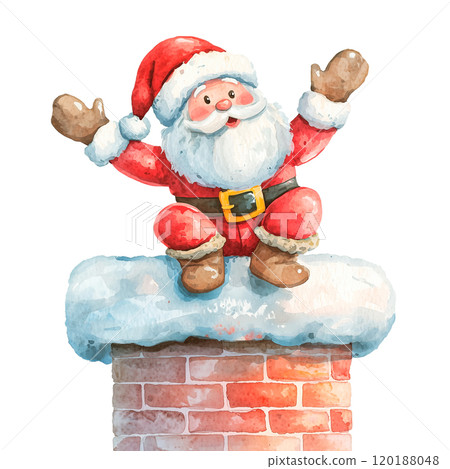 Watercolor illustration of Santa Claus sitting joyfully on a snowy chimney with open arms, on a transparent background. Ideal for Christmas cards, festive designs, and holiday-themed projects. Watercolor illustration of Santa Claus sitting joyfully on a snowy chimney with open arms, on a transparent background. Ideal for Christmas cards, festive designs, and holiday-themed projects. 120188048