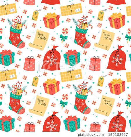 Christmas gifts pattern. Seamless vector illustration with gift boxes, Xmas stockings, presents and lollipops. Colorful festive Xmas background with simple holiday elements. Flat and doodles 120188437