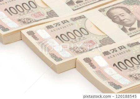 A stack of 10,000 yen bills, new banknotes, Eiichi Shibusawa 120188545