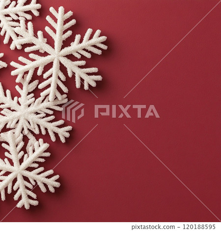 Merry Christmas, Happy New Year. Red background golden white Christmas snowflakes close up Merry Christmas, Happy New Year. Red background golden white Christmas snowflakes close up 120188595