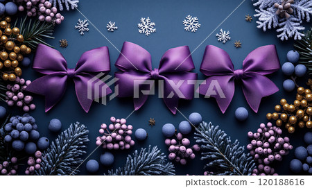 Holiday Merry Christmas, Happy New Year. Dark, gold, violet background, flat top view, luxury ribbons 120188616