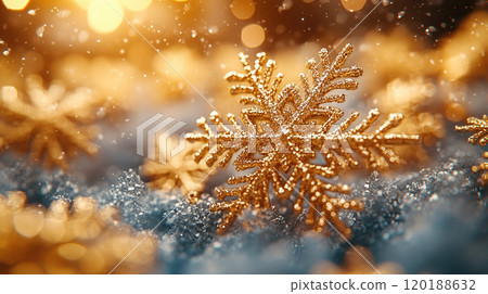 Merry Christmas, Happy New Year. Glitter yellow background golden Christmas snowflakes close up 120188632