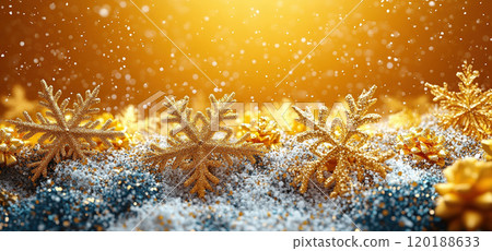 Merry Christmas, Happy New Year. Glitter yellow background golden Christmas snowflakes close up 120188633