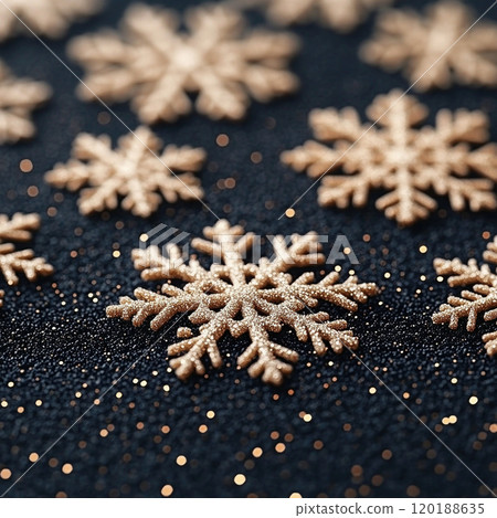 Holiday Merry Christmas, Happy New Year. Dark black background golden Christmas snowflakes close up Holiday Merry Christmas, Happy New Year. Dark black background golden Christmas snowflakes close up 120188635