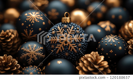Merry Christmas, Happy New Year. Christmas balls, golden snowflakes. Flat lay, copy space, dark gold 120188637
