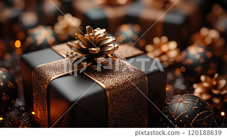 Holiday Merry Christmas, Happy New Year, craft gift box. Flat lay, copy space, monochrome style 120188639