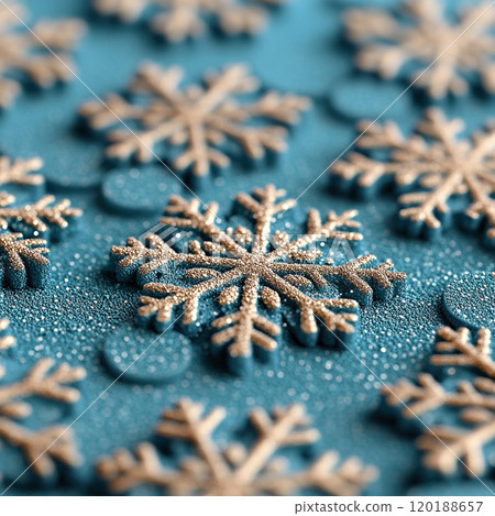 Holiday Merry Christmas, Happy New Year. Blue background golden Christmas snowflakes close up 120188657