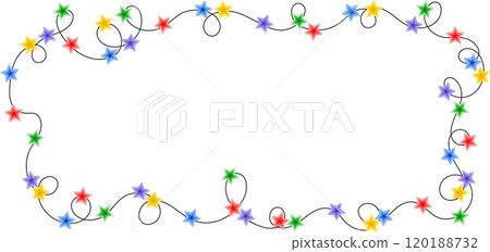 Christmas colorful multicolored lights curly string garland horizontal rectangular frame doodle hand drawn vector illustration, flat cartoon image for winter New Year holiday, birthday events design 120188732