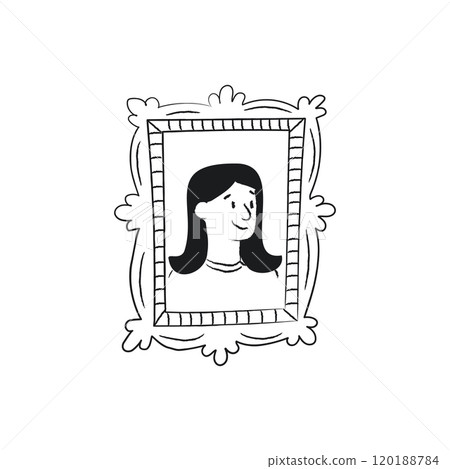 A reflection of a woman with straight hair in a Victorian mirror. Girl on a family portrait. Framed doodle artwork. 120188784