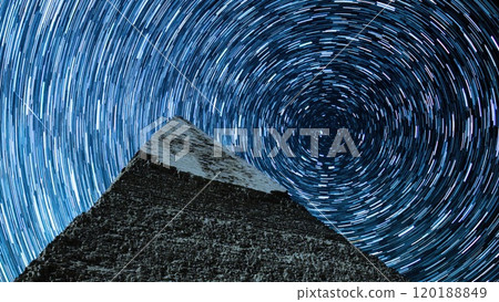 Star trails and shooting stars at the Pyramid of Khafre in Giza, Egypt 120188849