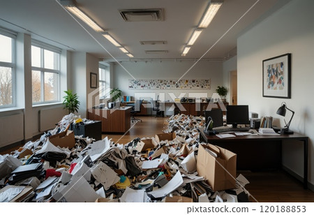 A mountain of garbage, garbage bags in the middle of a modern bright office during the working day 120188853